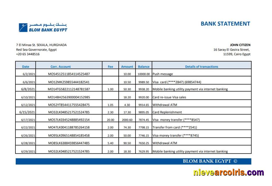 Egypt Blom Bank of Egypt bank statement easy to fill in Excel and PDF format
